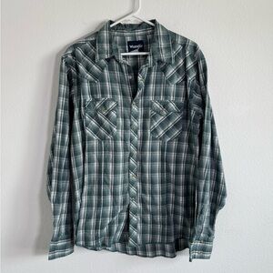 Vintage Wrangler Mens Blue Pearl Snap‎ Flannel Button Down Fits Large